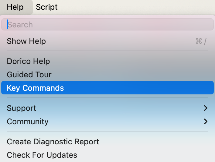 Dorico Key Commands from Help Menu